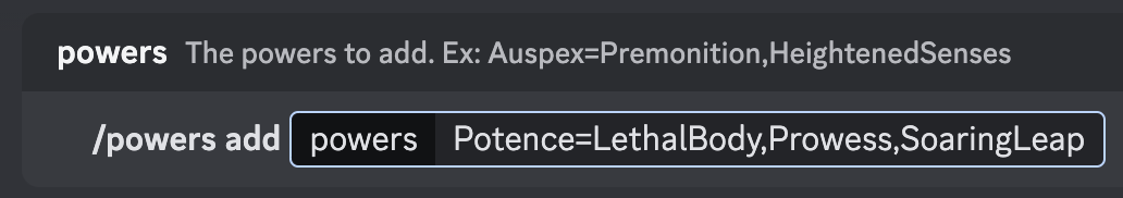 Discord screenshot showing powers add
