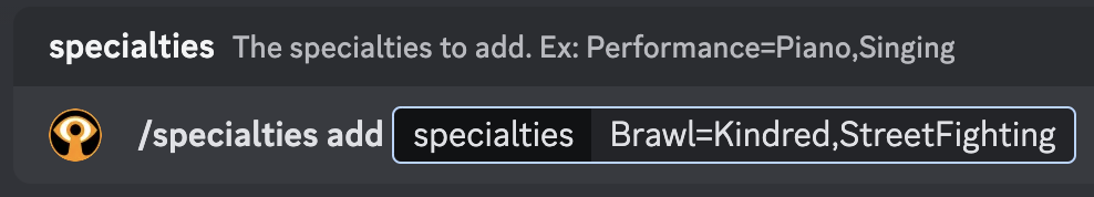 Discord screenshot showing the specialties add command