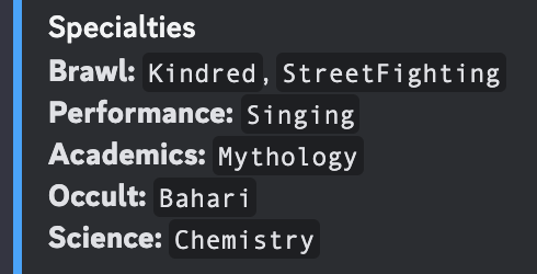 Discord screenshot showing specialties in Traits list