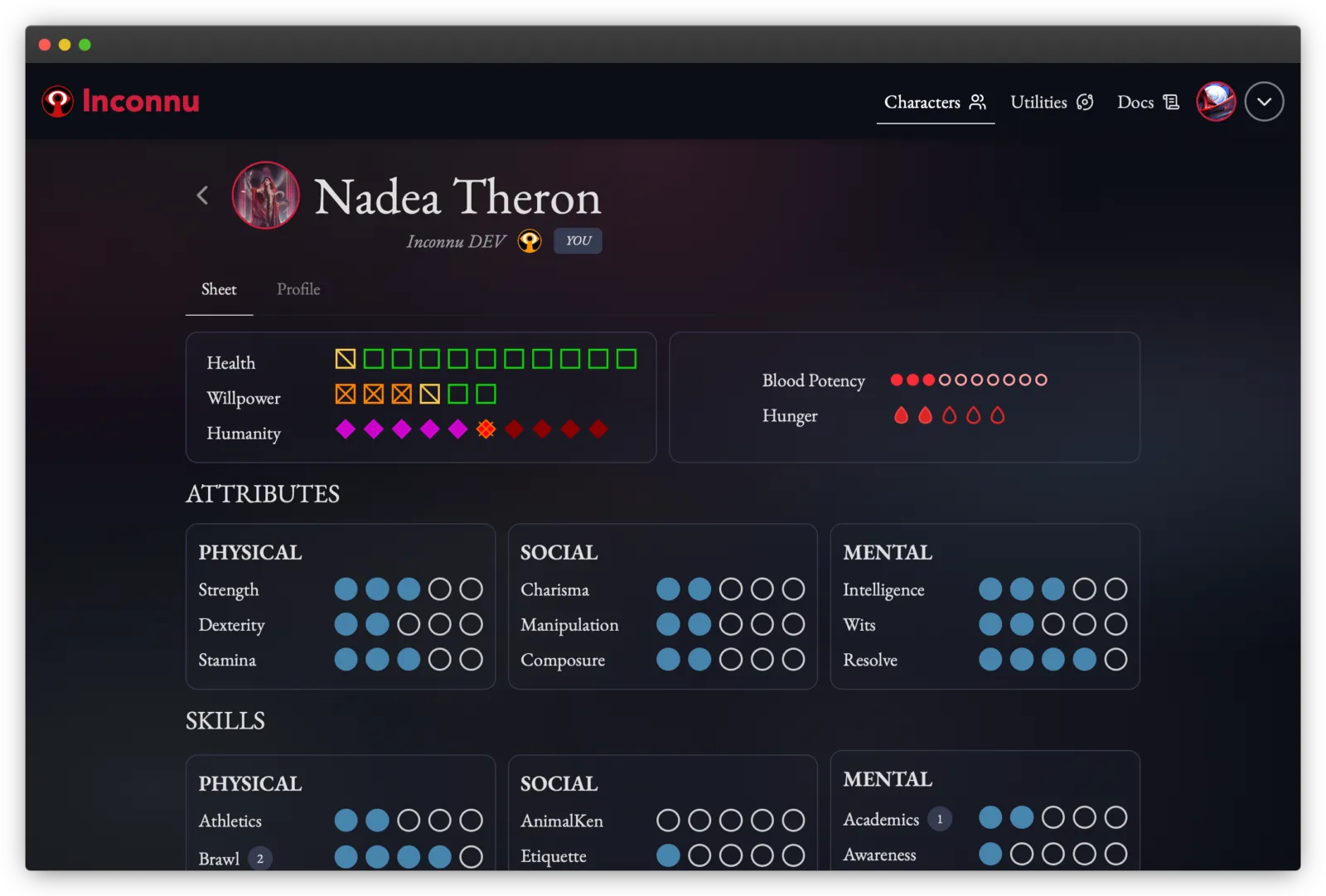 Inconnu website showing character sheet